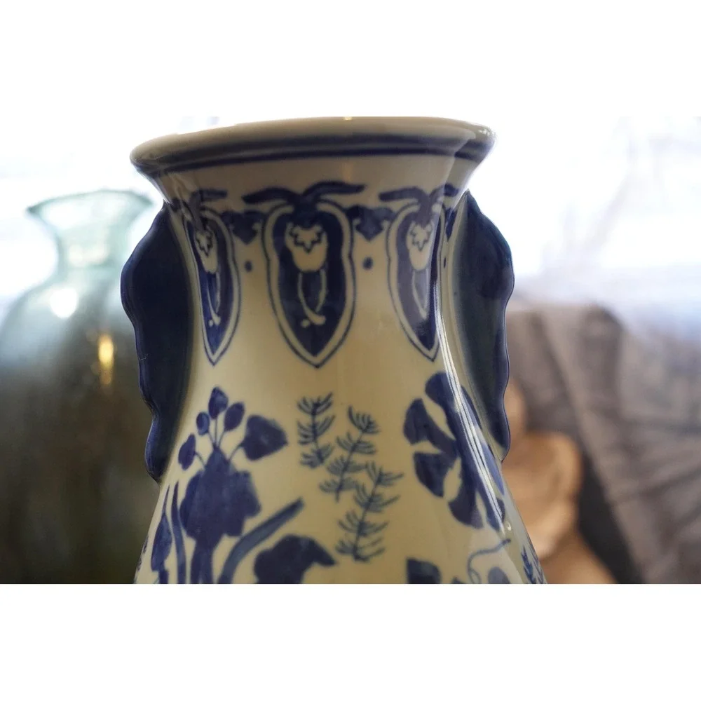 Blue and White Chinoiserie Fish‎ Motif Ceramic Vase with Handles 11 Inch Tall